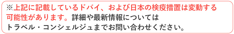 ※上記に記載しているドバイ、および日本の検疫措置は変動する可能性があります。詳細や最新情報についてはトラベル・コンシェルジュまでお問い合わせください。